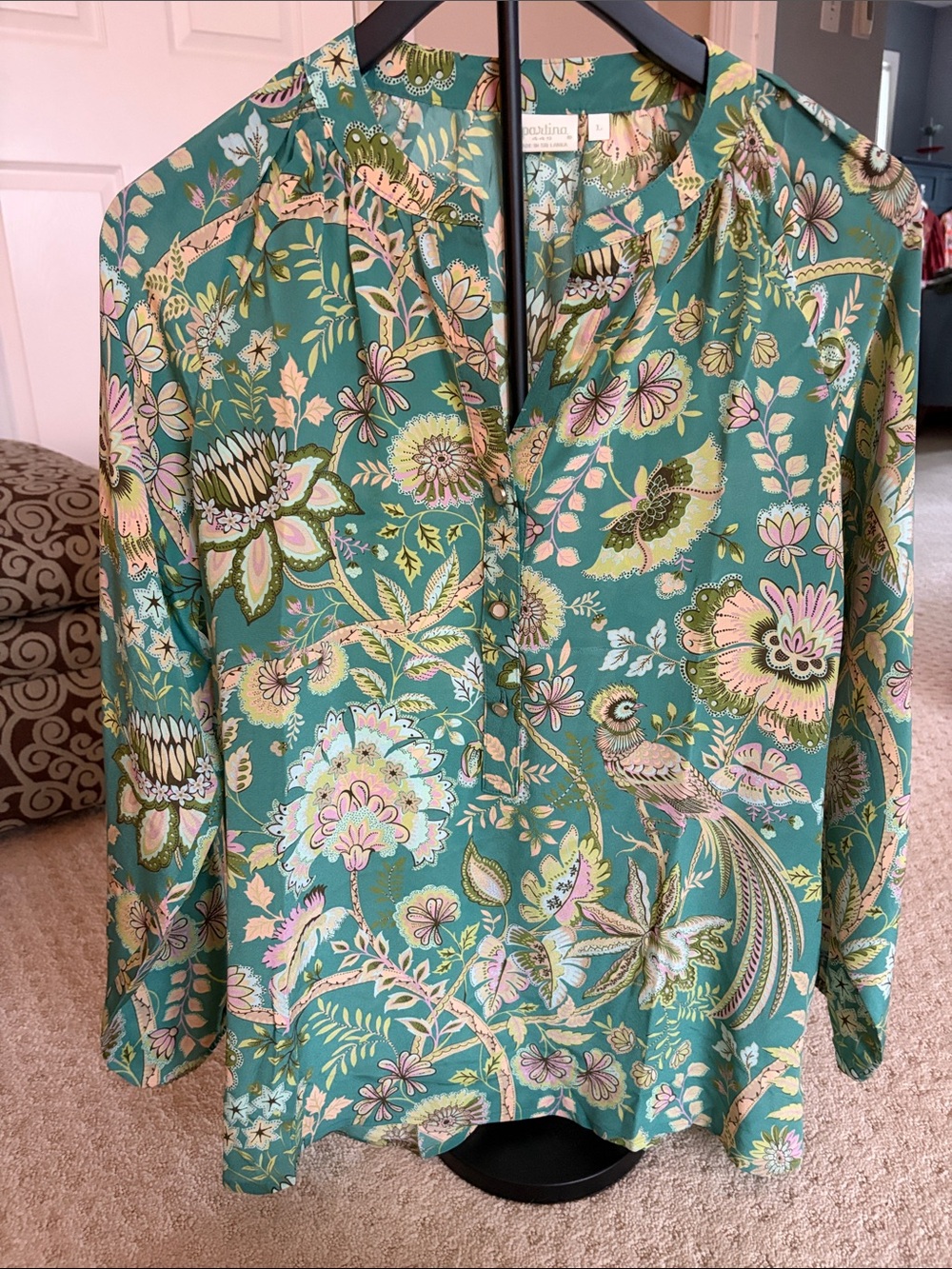 Spartina 449 Teal Floral & Bird Print Blouse